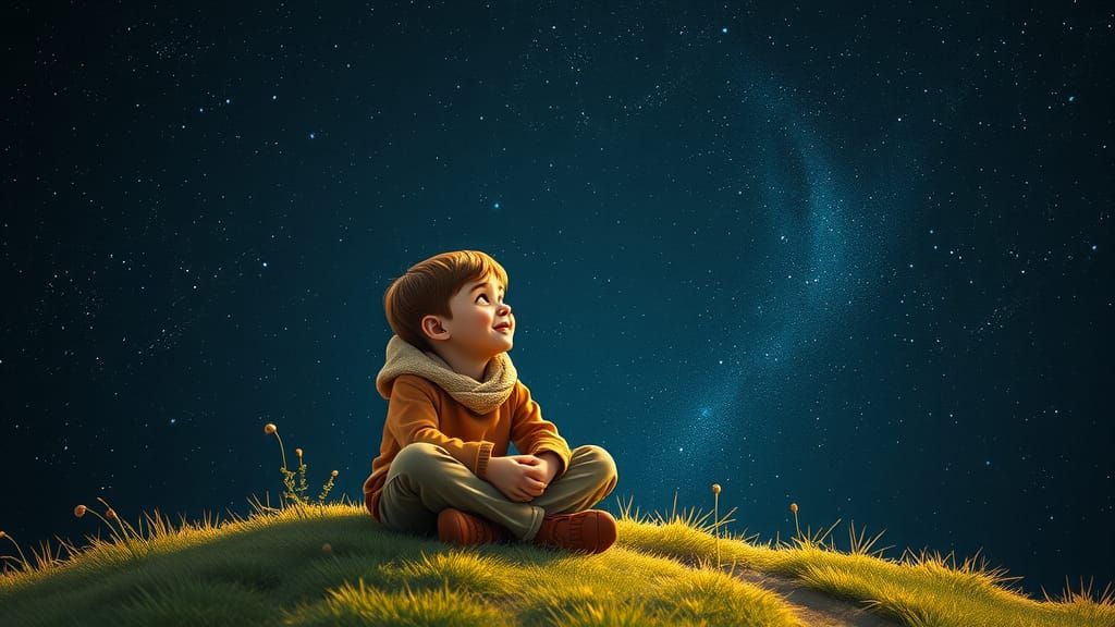 Boy Stargazing on Hill in Magic Realism Style