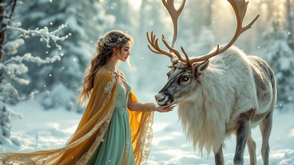 Woman and Reindeer in Snowy Forest, Fairytale Art