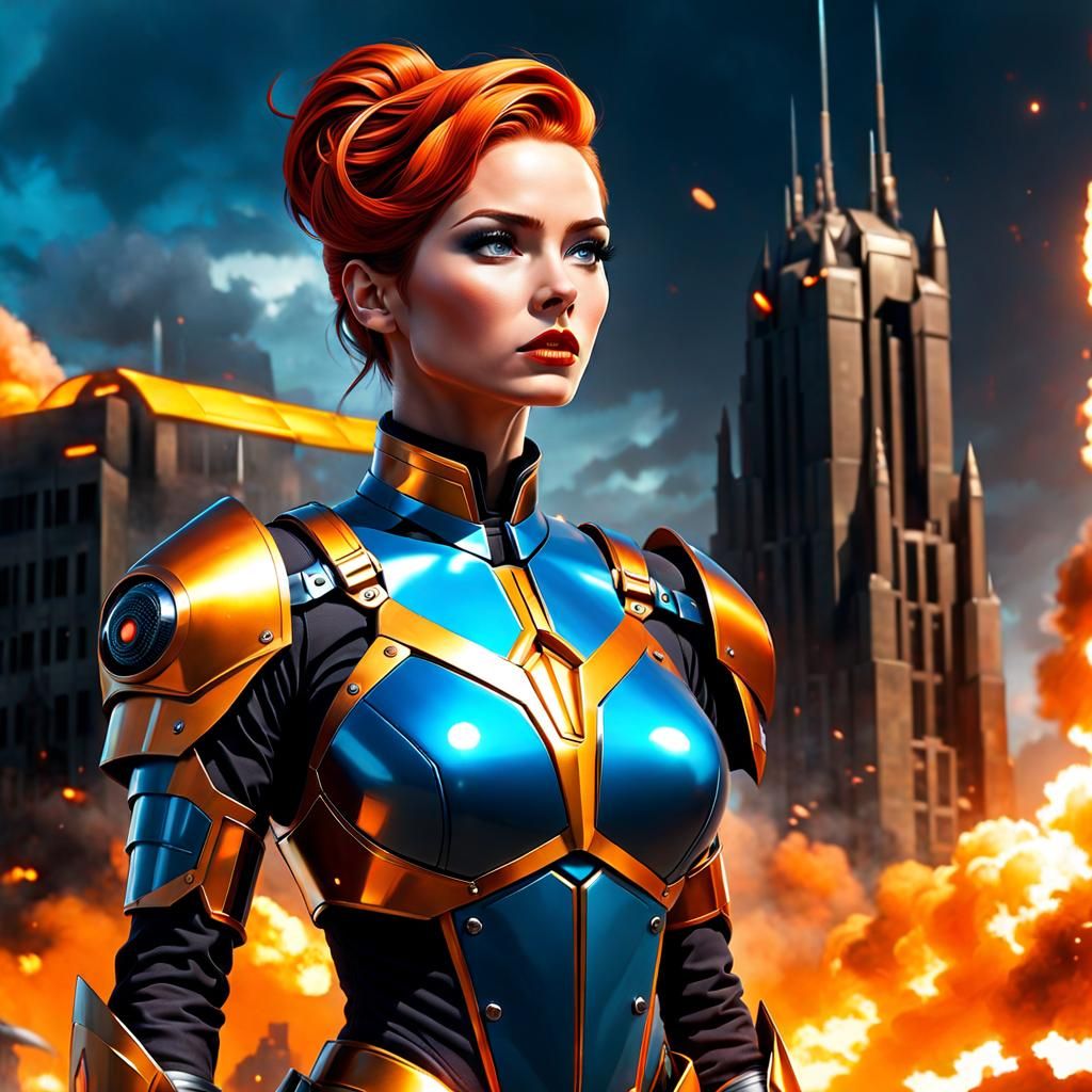 Futuristic Armored Warrior in Post-Apocalyptic City