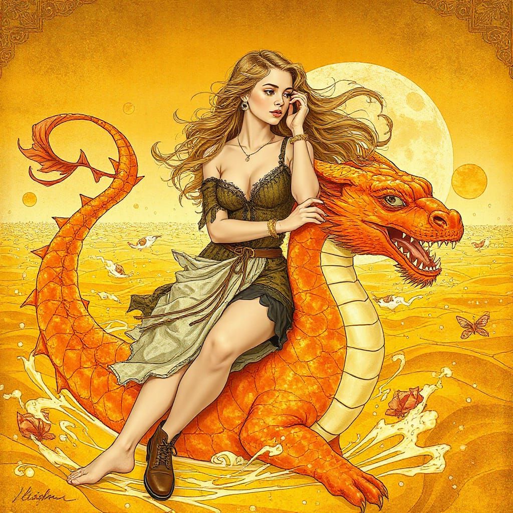 Woman on Gummy Dragon in Effervescent Soda Sea