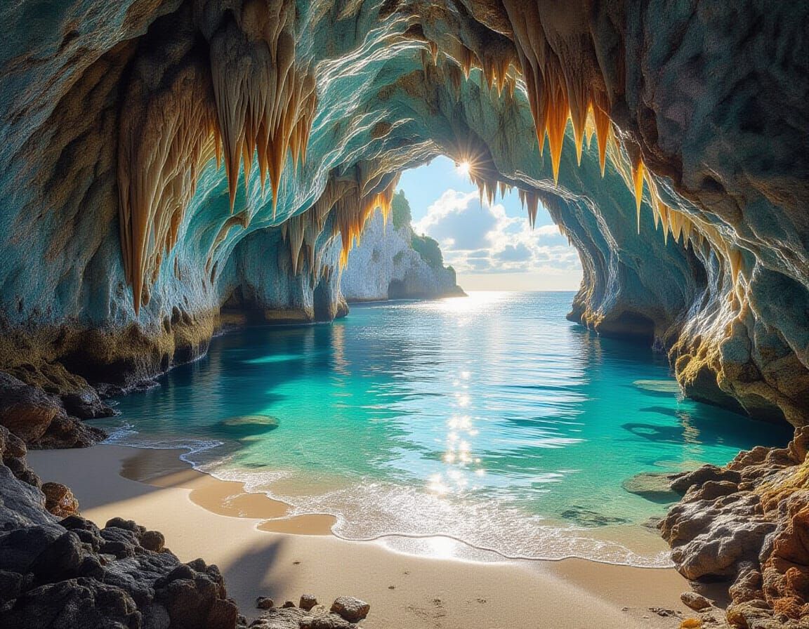 Stunning Cave Interior with Sparkling Lake and Beach