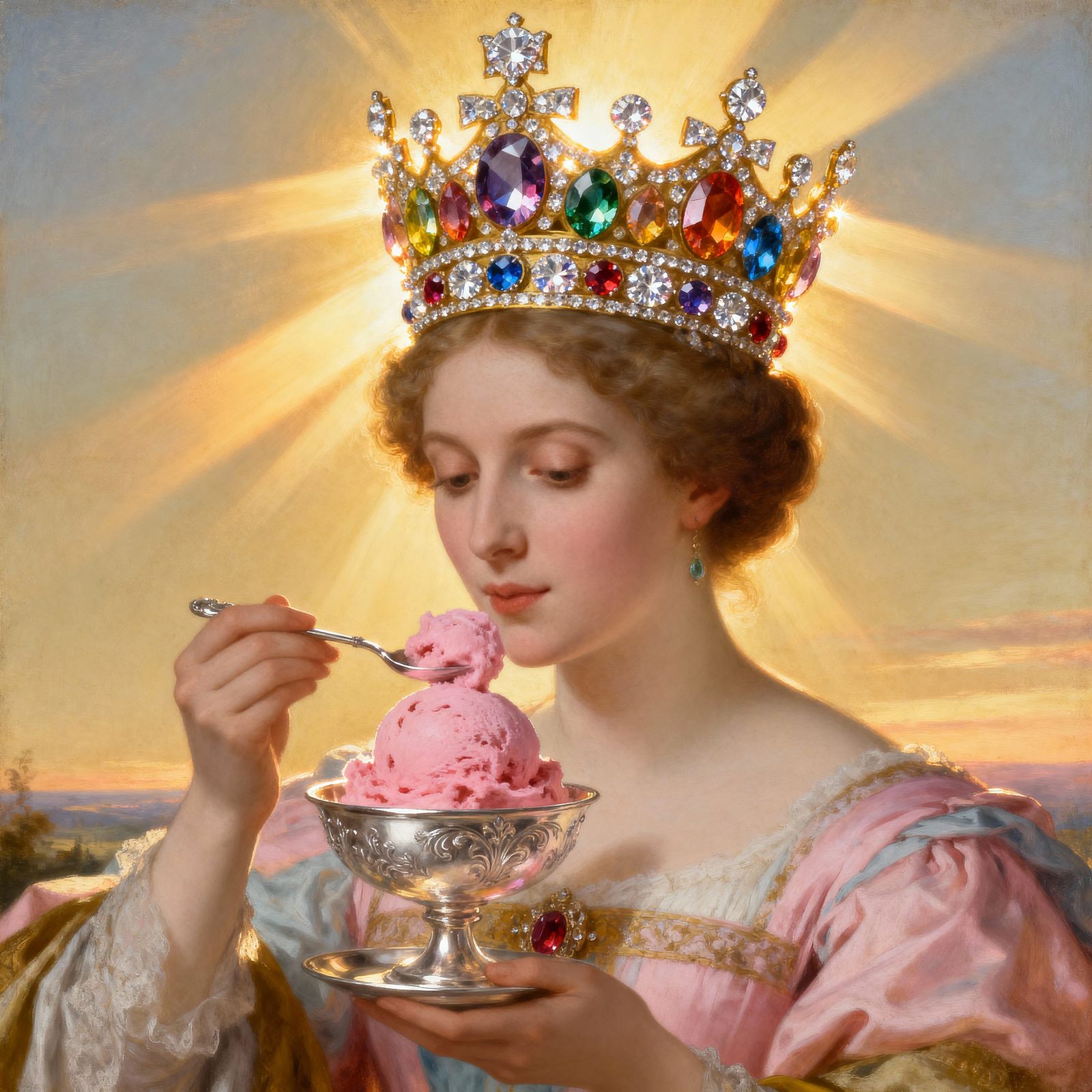 Royal Queen Enjoys Gemstone Crown and Pink Gelato