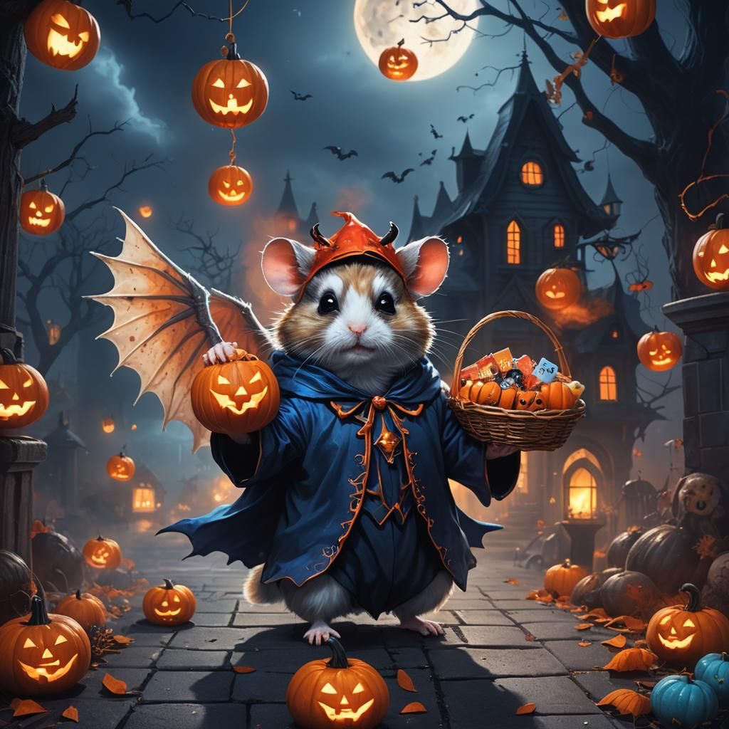 Halloween Hamster and Angel Cat: Dark Fantasy Art