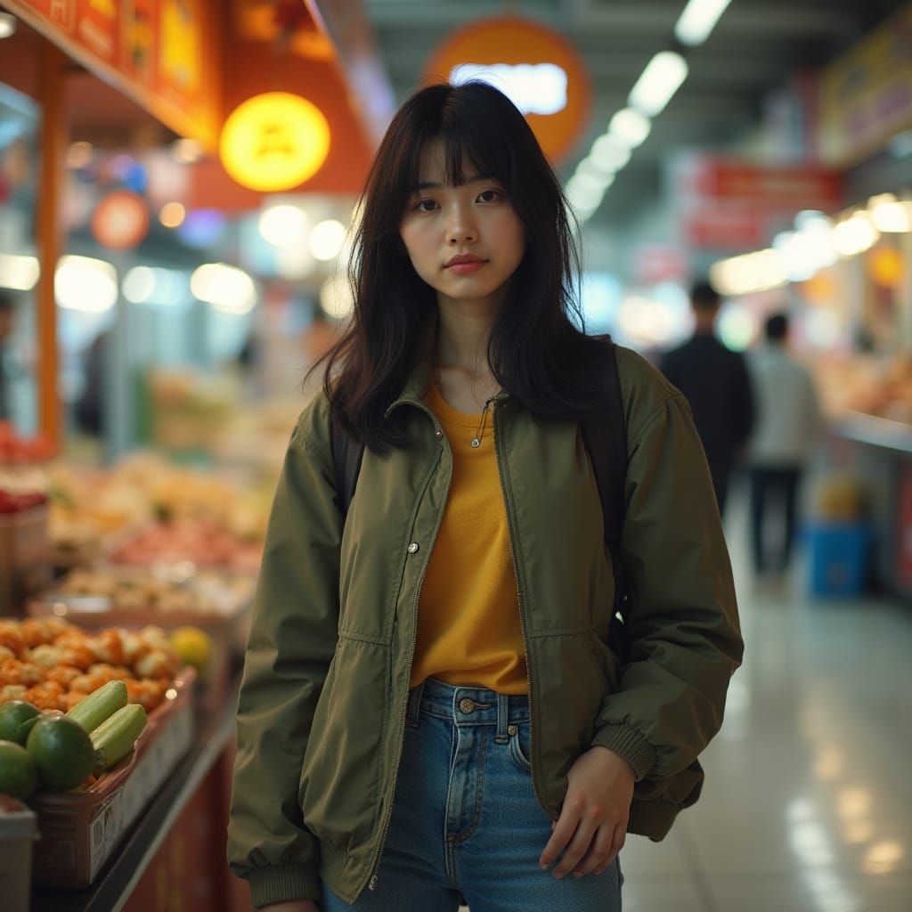 Asian Woman in Mall Food Court, Realistic Photo