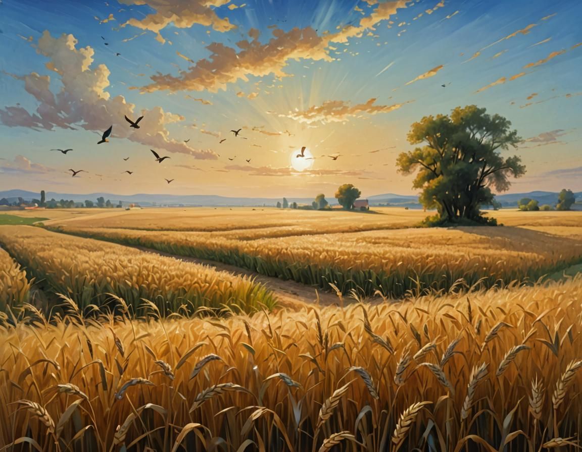 Birds Eating Wheat in Golden Field Landscape