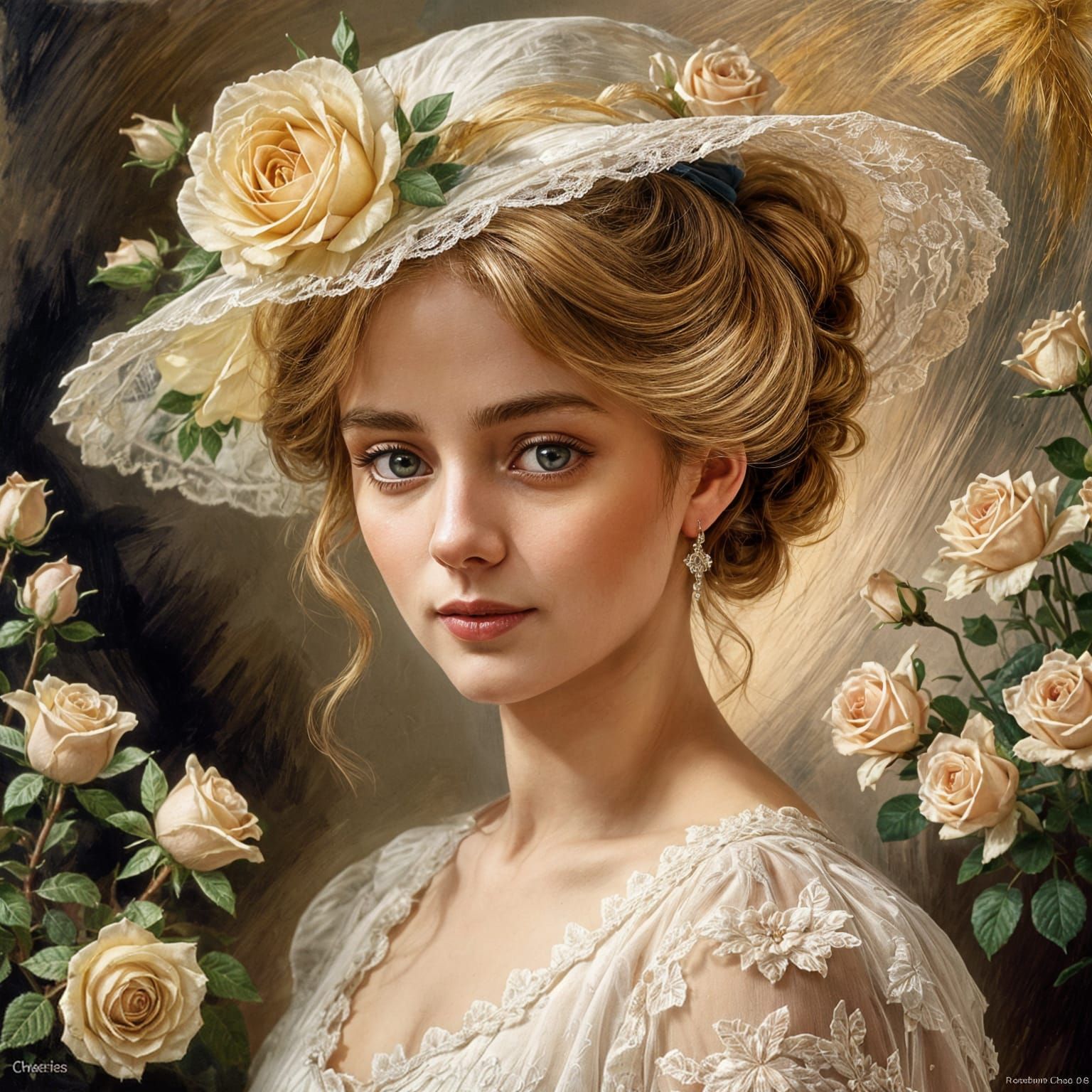 Victorian Beauty in Lace Gown: Impasto Oil Painting