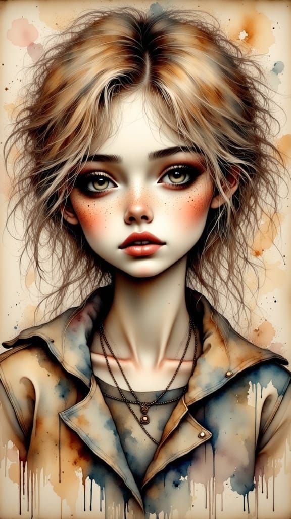 Weathered Portrait of a Young Woman in Antique Watercolor St...