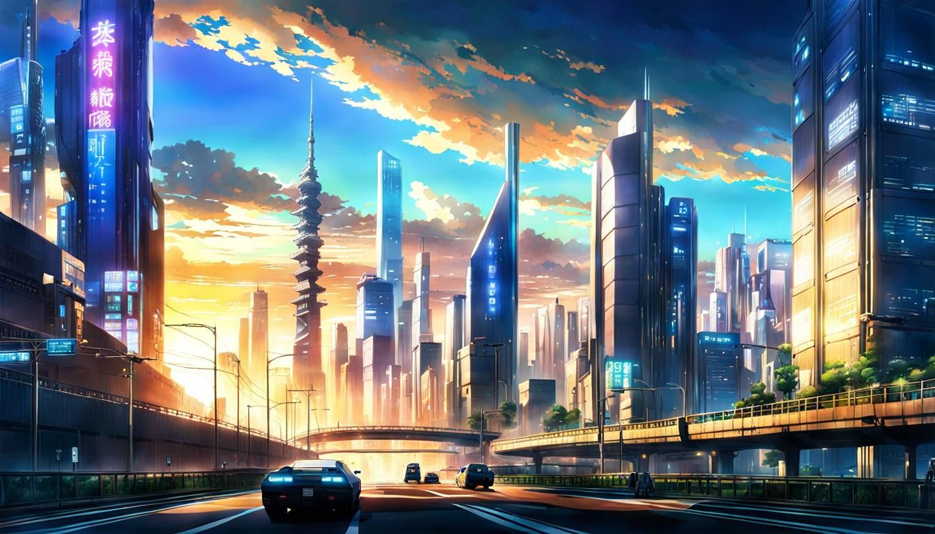 Cyberpunk Metropolis Sunrise in Anime Style