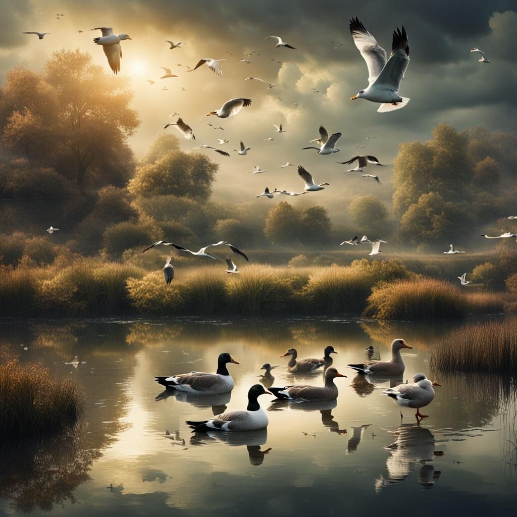 Gulls, Ducks, and Geese on a Pond