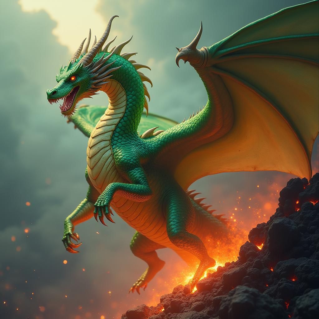 Green Dragon Soaring Above Volcano in Fantasy Art