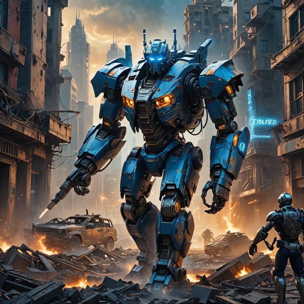 Robot in Ruined Cityscape: Detailed Matte Painting