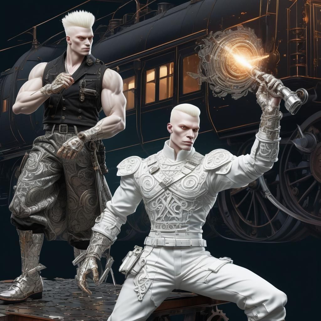 Fierce Albino Men Solve Hologram Puzzle in Biopunk Style