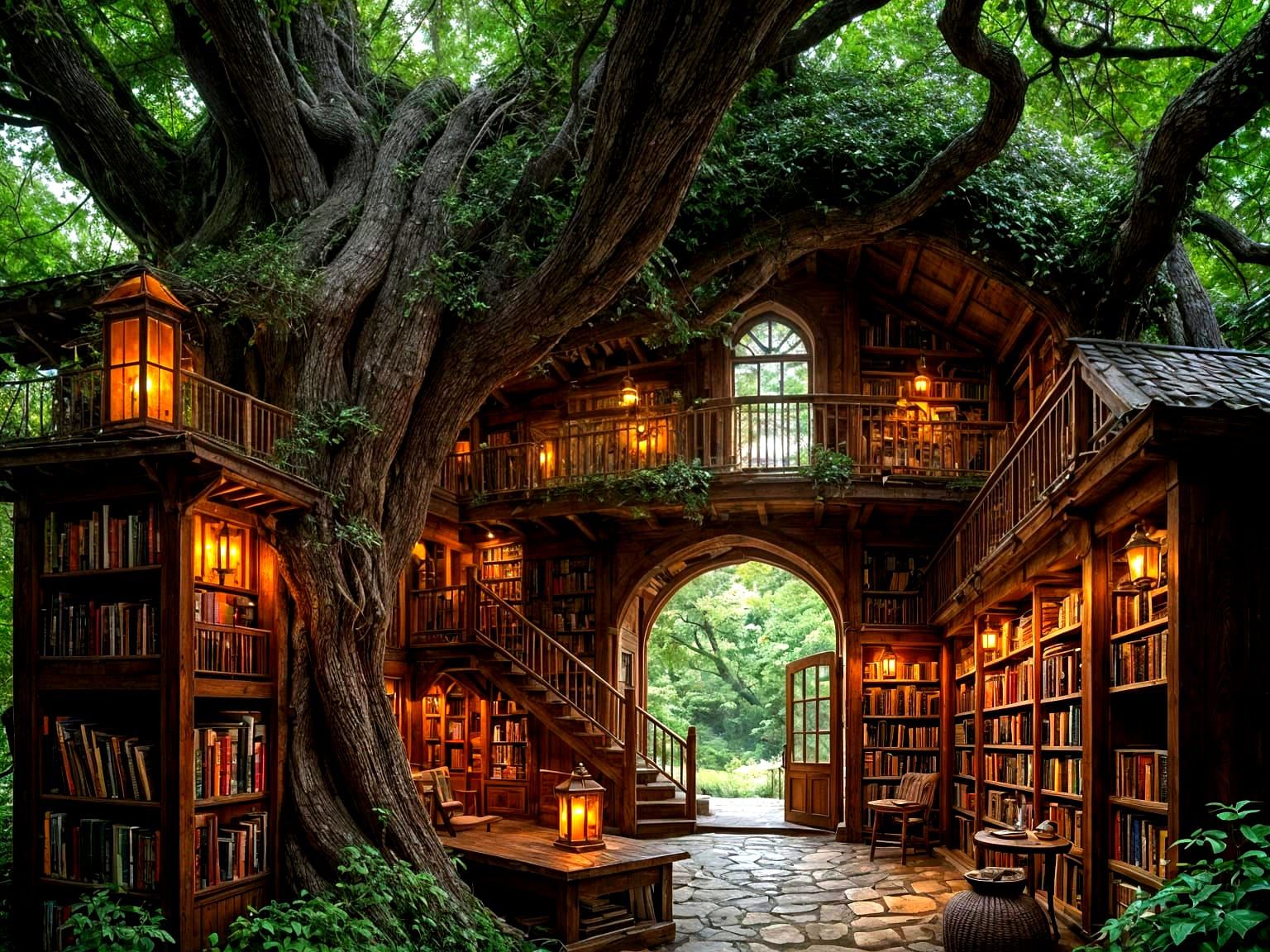Enchanting Elven Library in Ancient Oak Tree