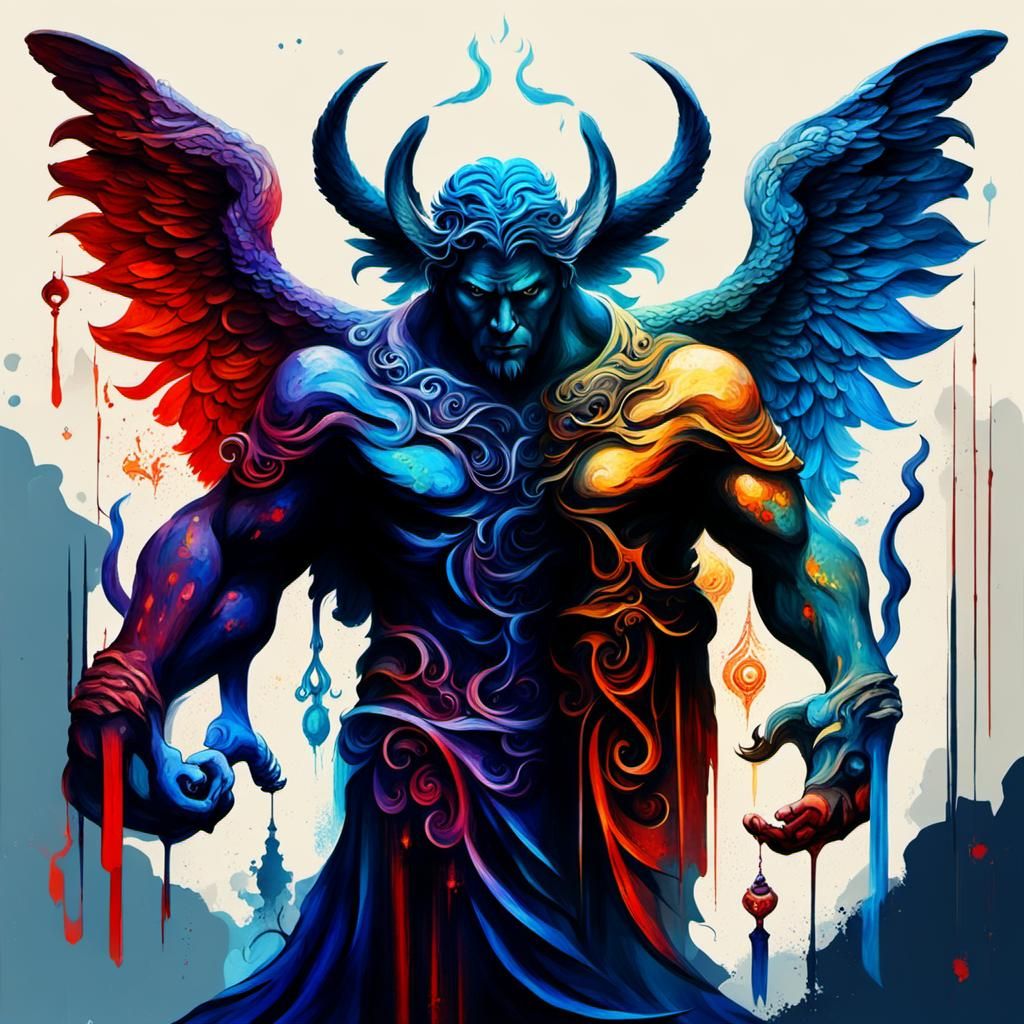 Depict an angel and a demon intertwined, symbolizing the balance of good and evil
