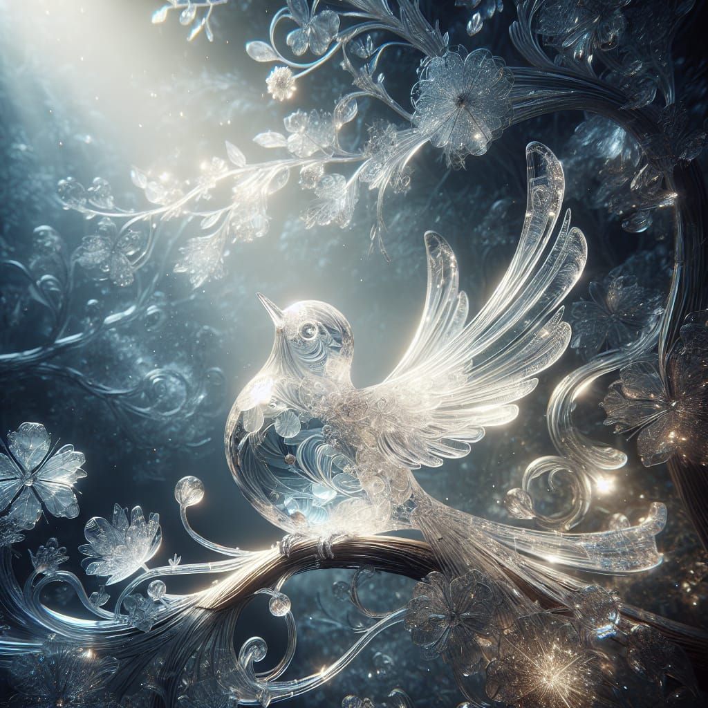 Enchanted Crystal Songbird in a Mystical Glassblown Scene