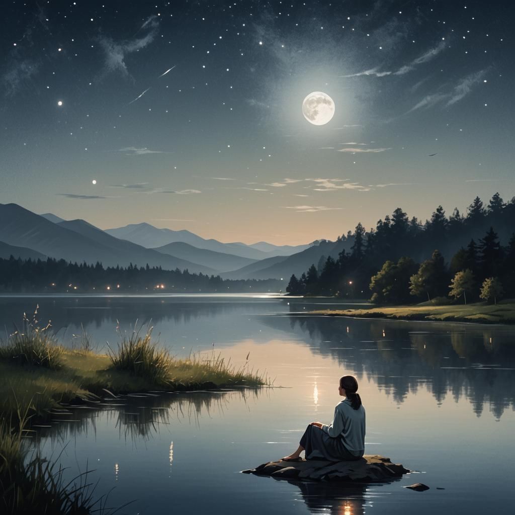 Nocturnal Lake Reflection in Impressionistic Style