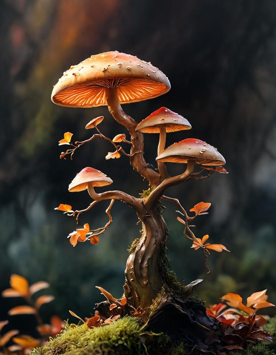 Ethereal Biomorphic Bonsai Mushroom in Watercolor
