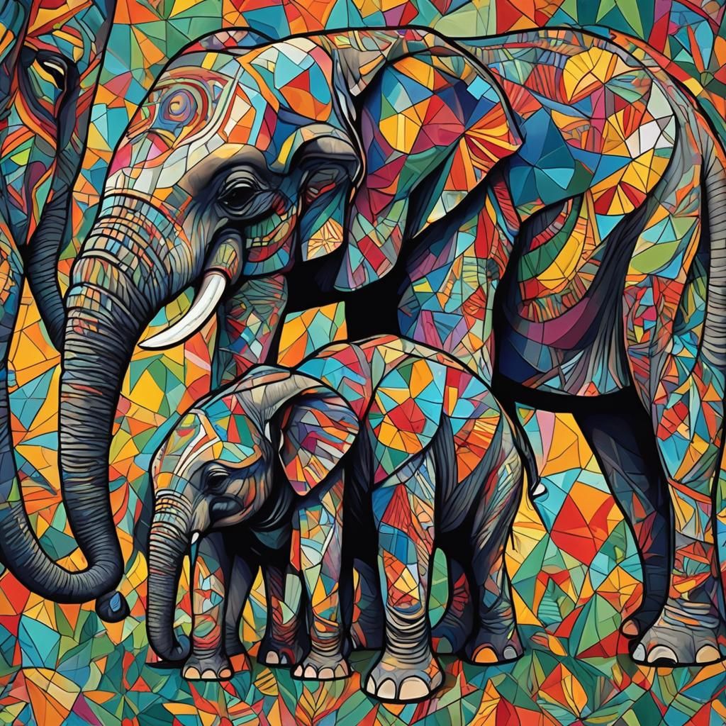 Mother and Baby Elephant in Cubist Style