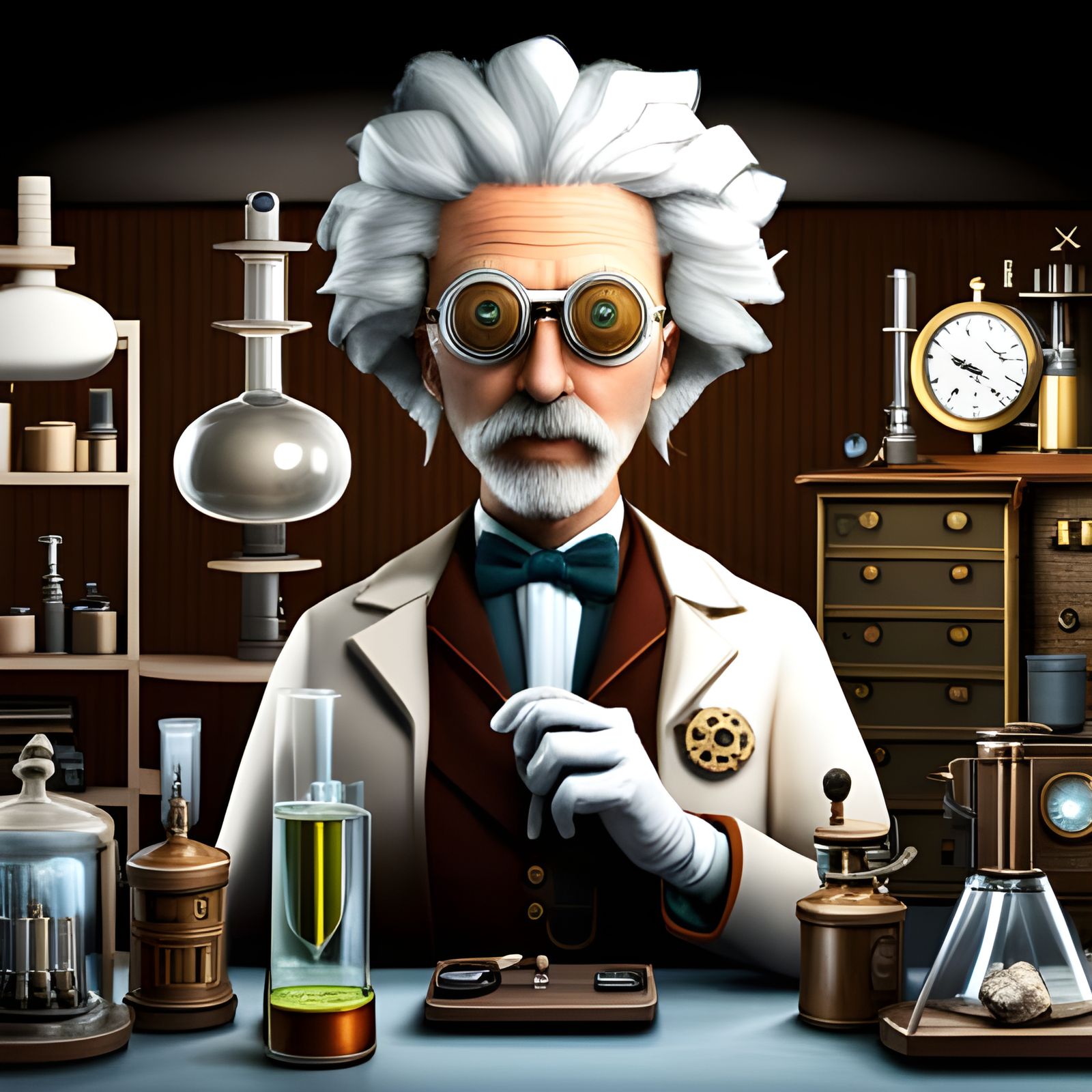 Eccentric Mad Scientist in Steampunk Laboratory