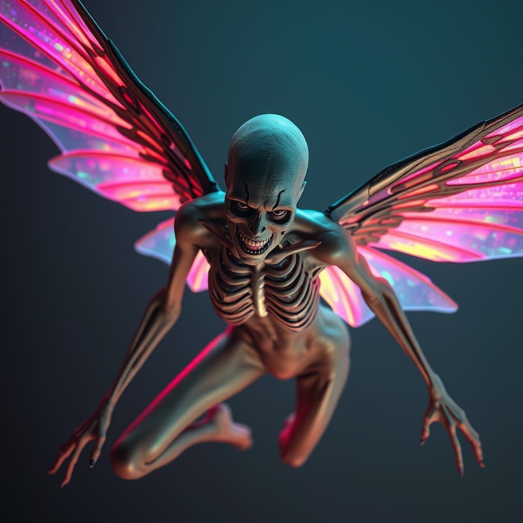 Grimacing Angel with Iridescent Wings in Dark Futuristic Pos...
