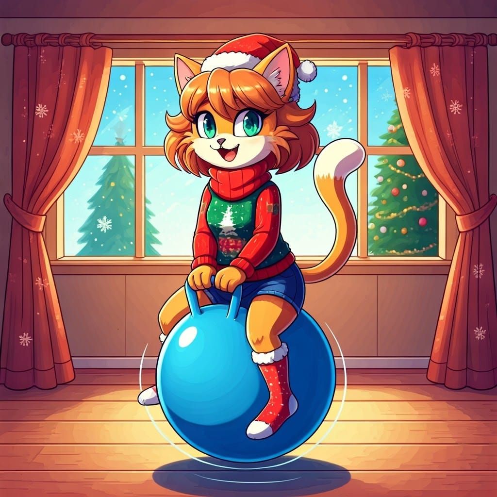 Festive Cartoon Cat Bounces on Space Hopper in Cozy Christma...