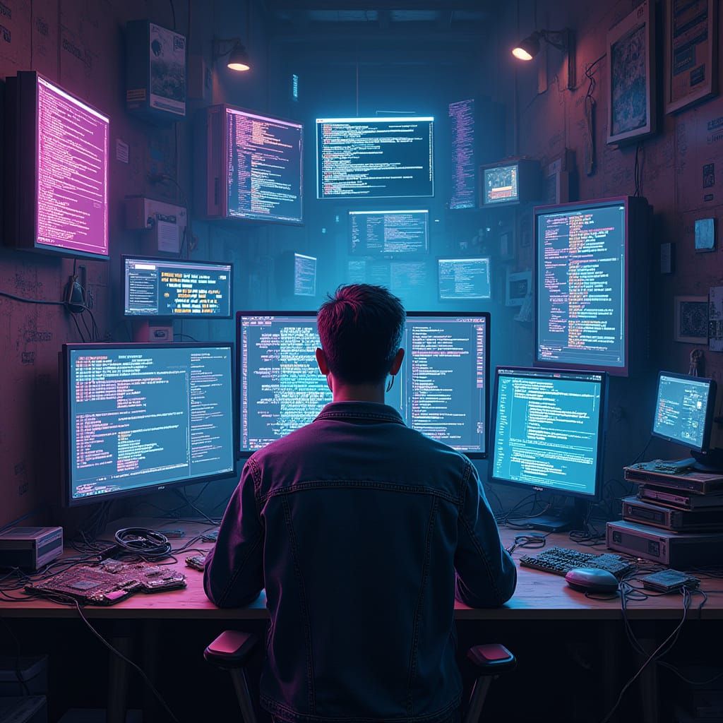 Cyberpunk Programmer in Neon Digital Overload