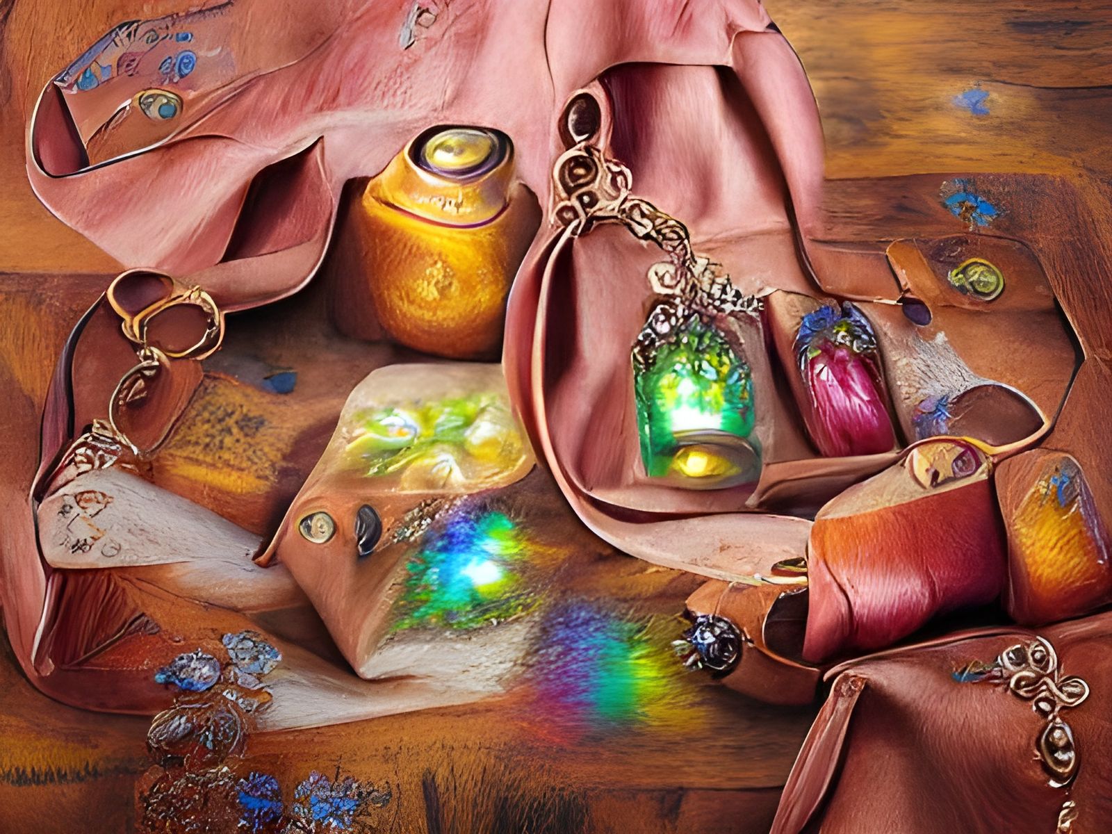 Charms Pouring from Mage's Bag in Surrealist Style