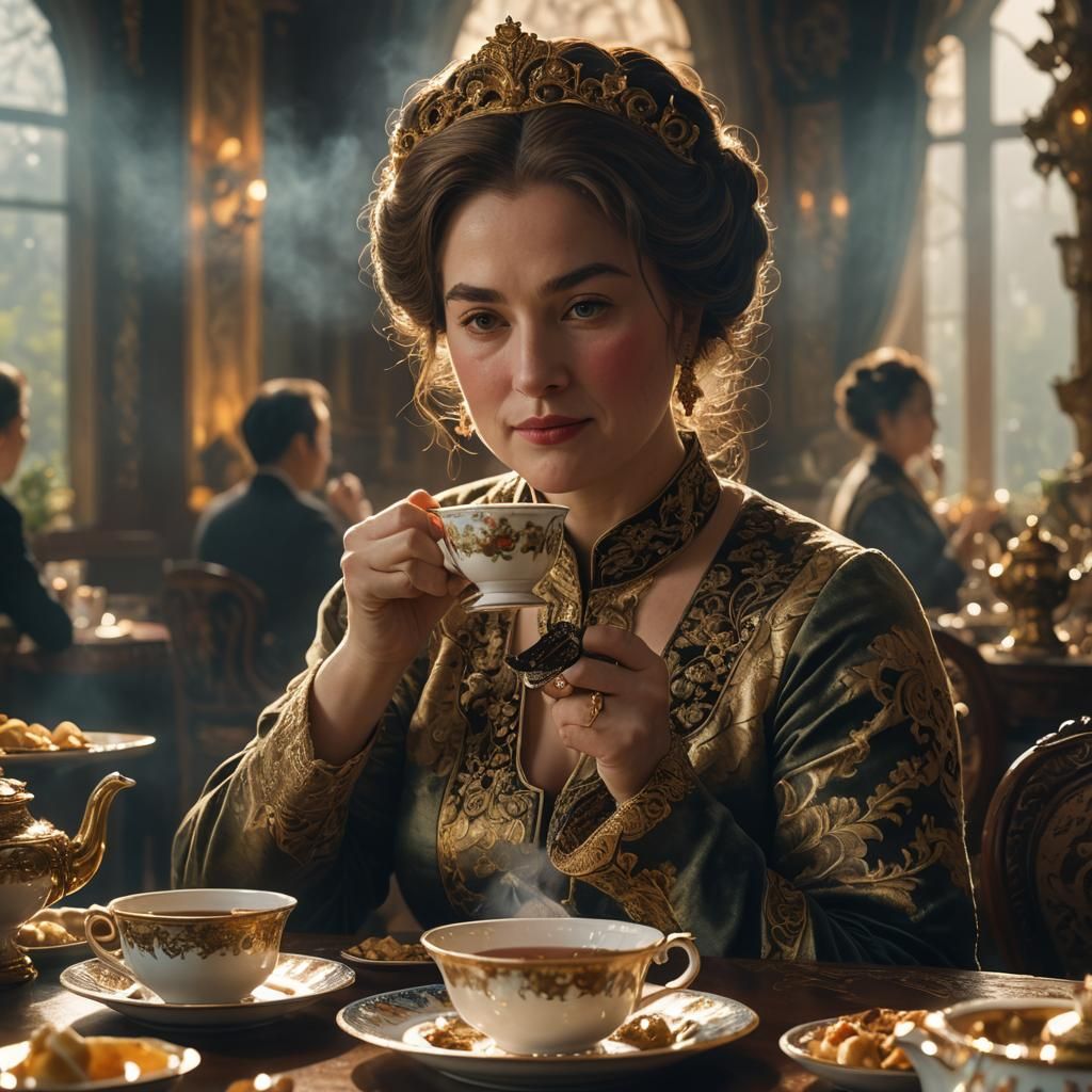 Royal Woman's Lavish Tea: Hyper-Realistic Cinematic Still