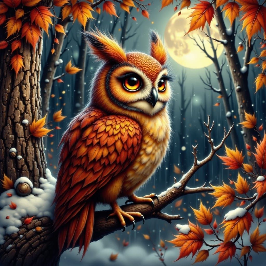 Wise Owl With Autumn Leaf Feathers in Moonlit Forest