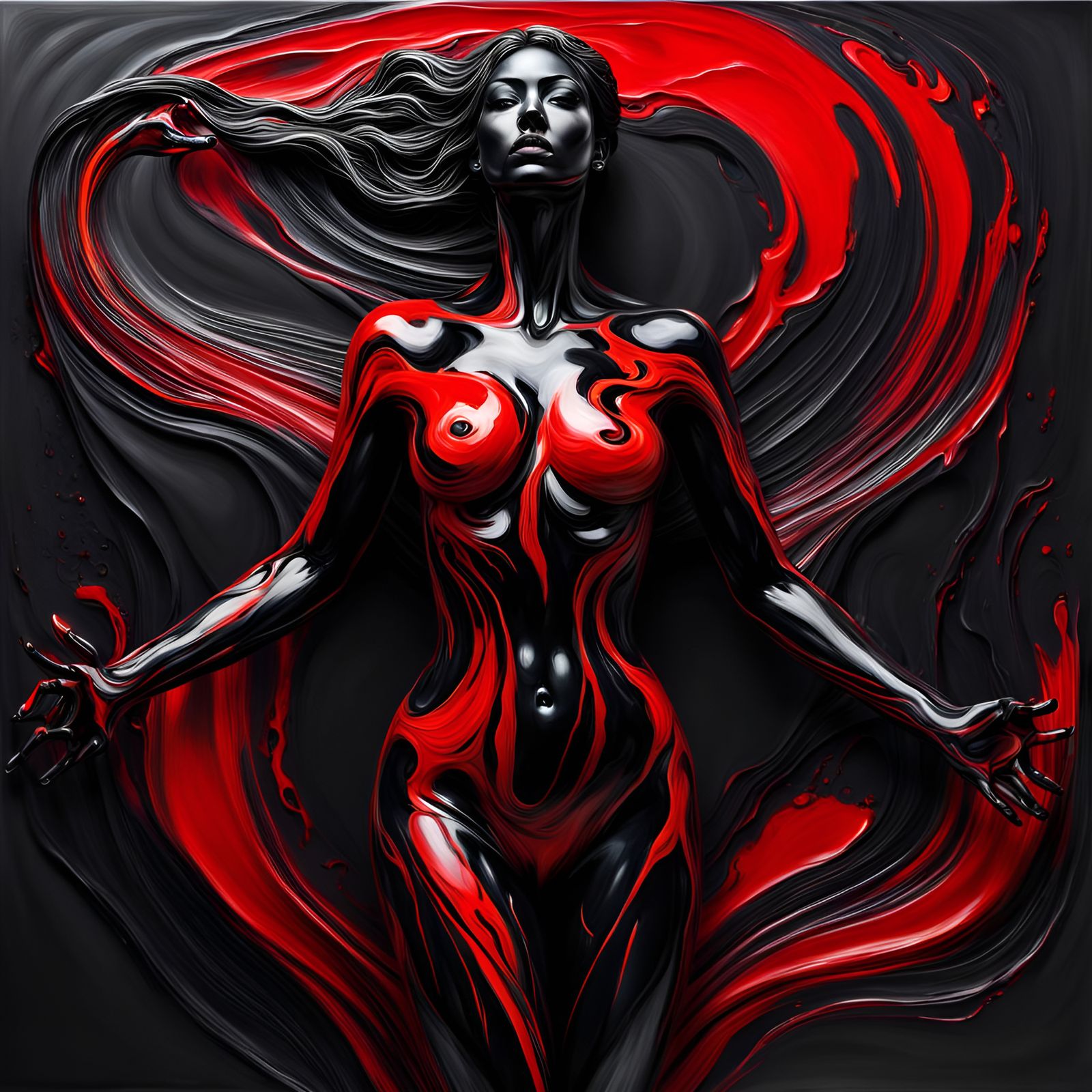 Abstract Woman's Body in Flowing Red and Black Oil Paint