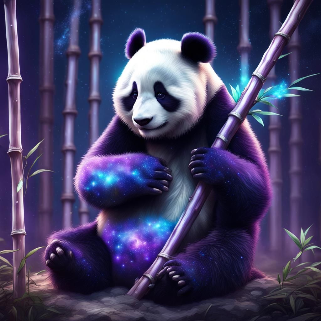 Galaxy Panda with Silver Bamboo in Detailed Painting