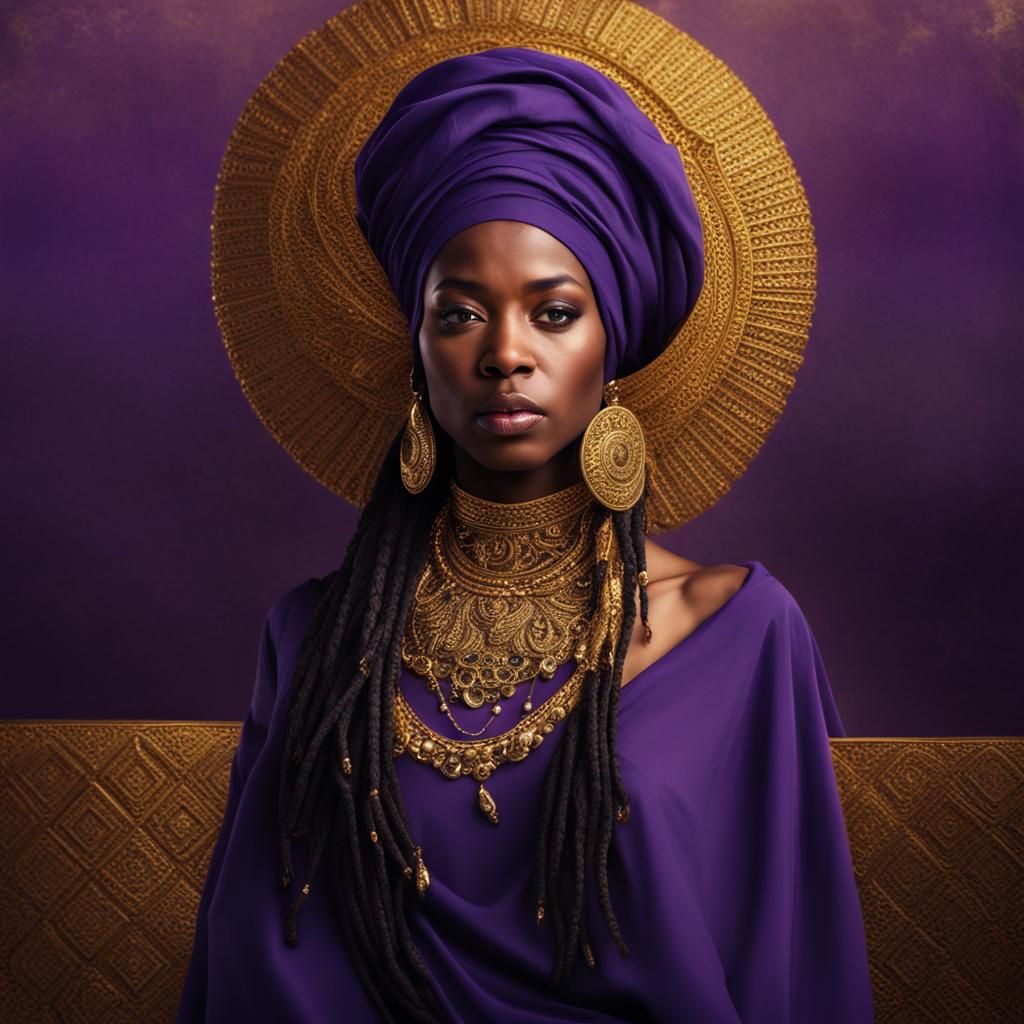 Black Woman in Purple and Gold, Hyperrealistic Portrait