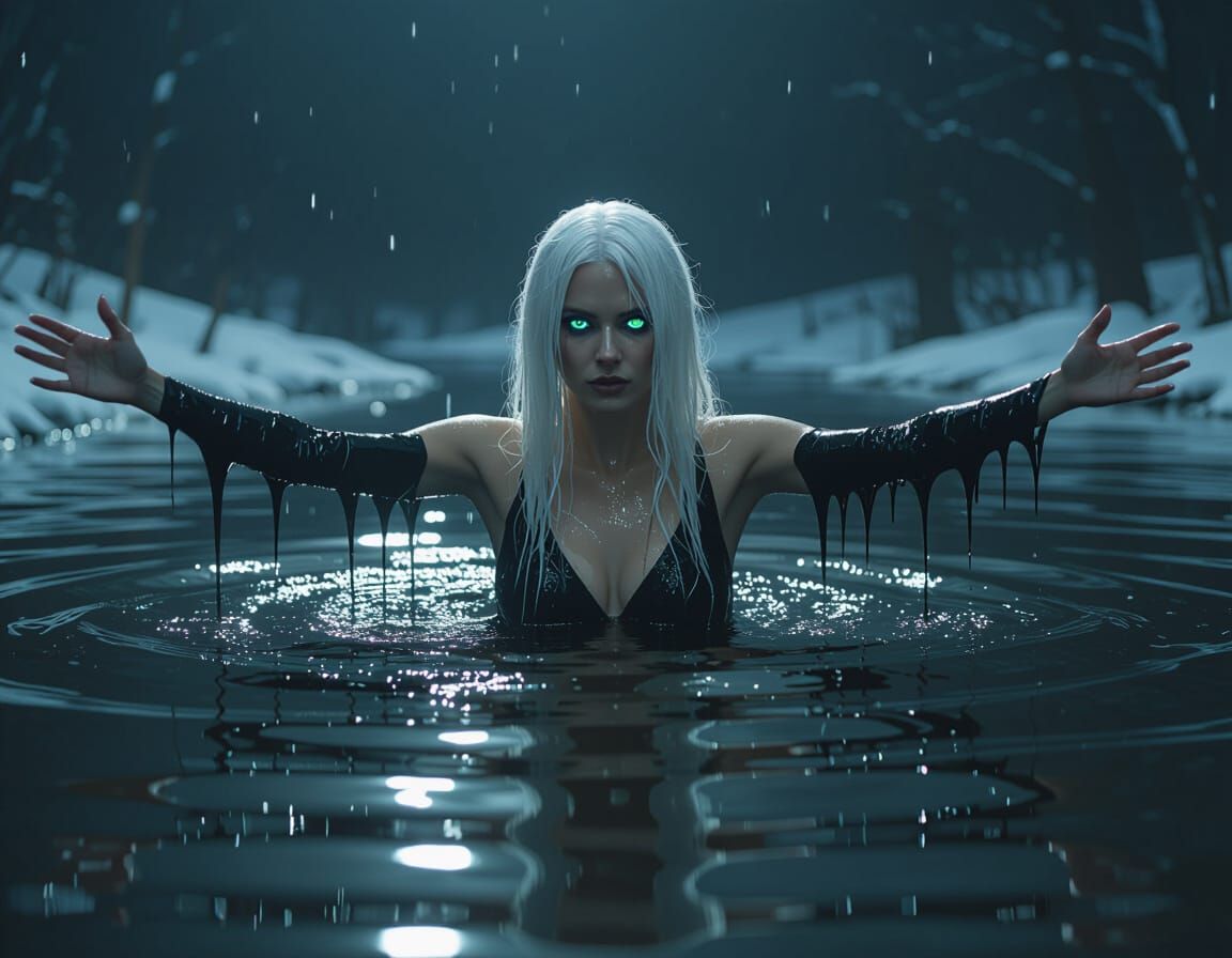 Woman Emerges from Oily Lake in Menacing Night Scene