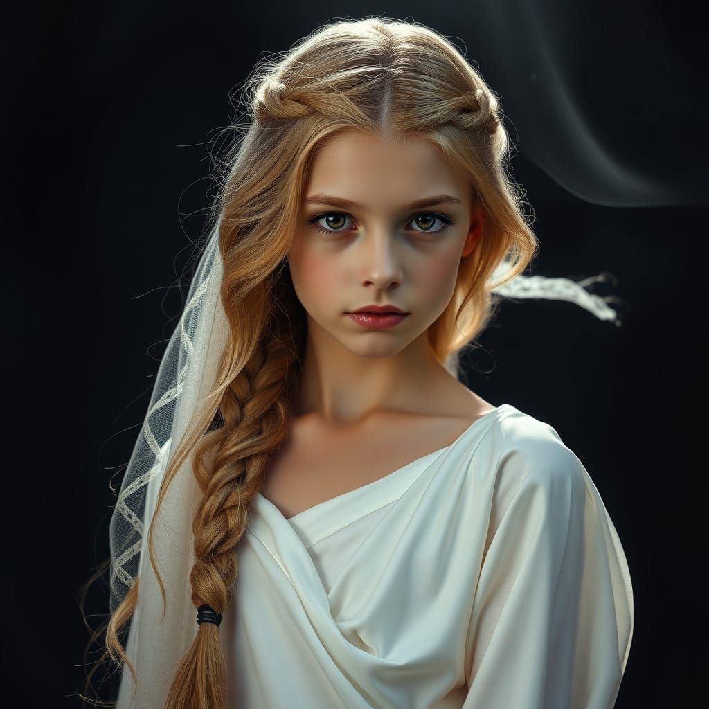 Ethereal Young Girl in a Flowing White Gown Under Dramatic L...