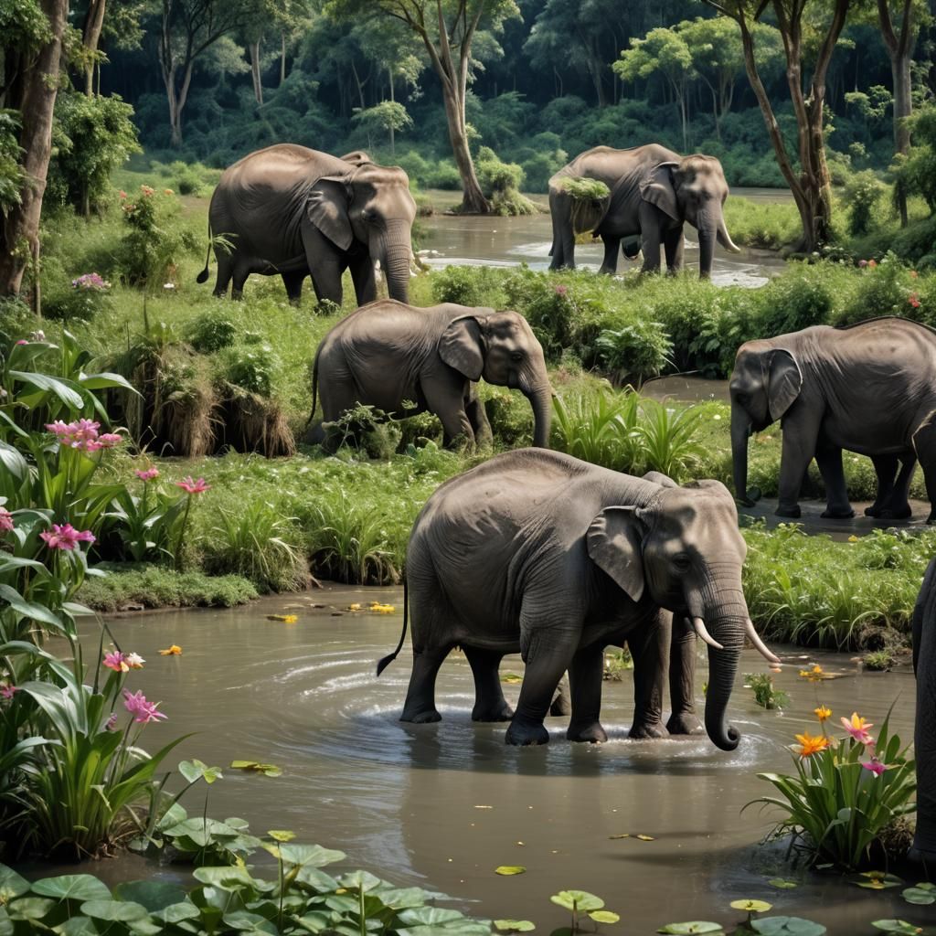 Elephant Offering Flowers in Thai Jungle