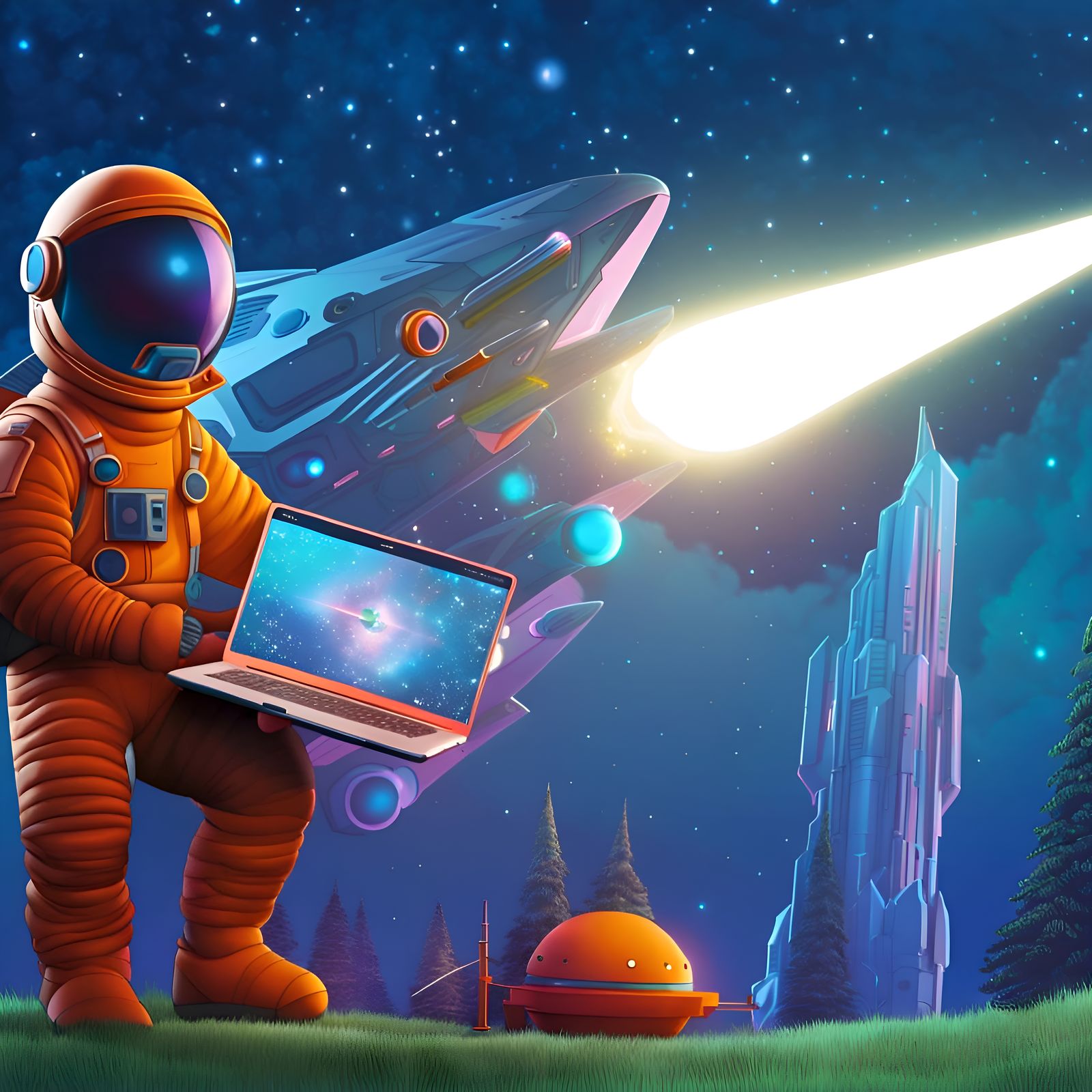 Astronaut Repairs Laptop in Cartoon Style Illustration