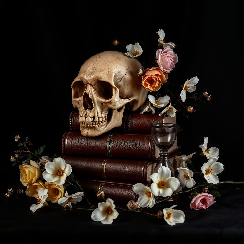 Contemplative Still Life with Skull in Baroque Style