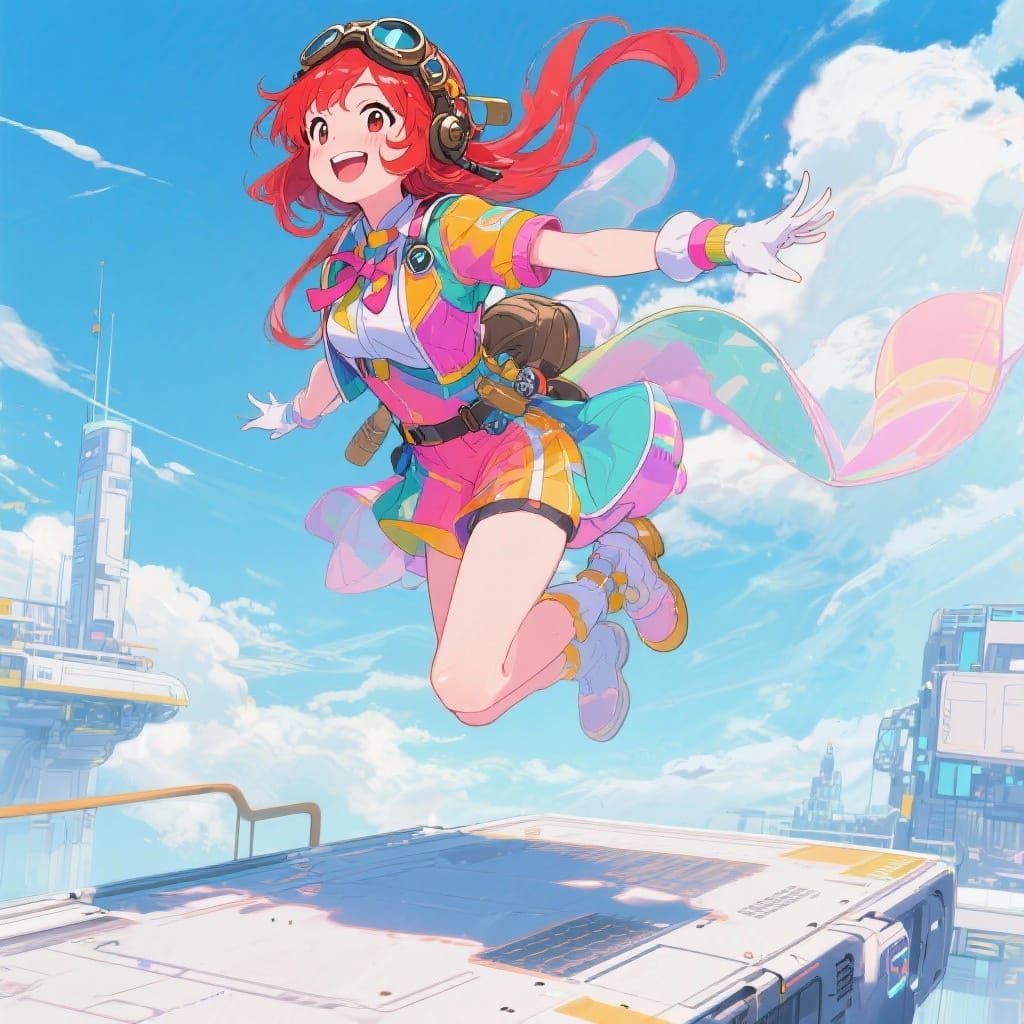 Red-Haired Sky Captain in Anime Key Visual Style