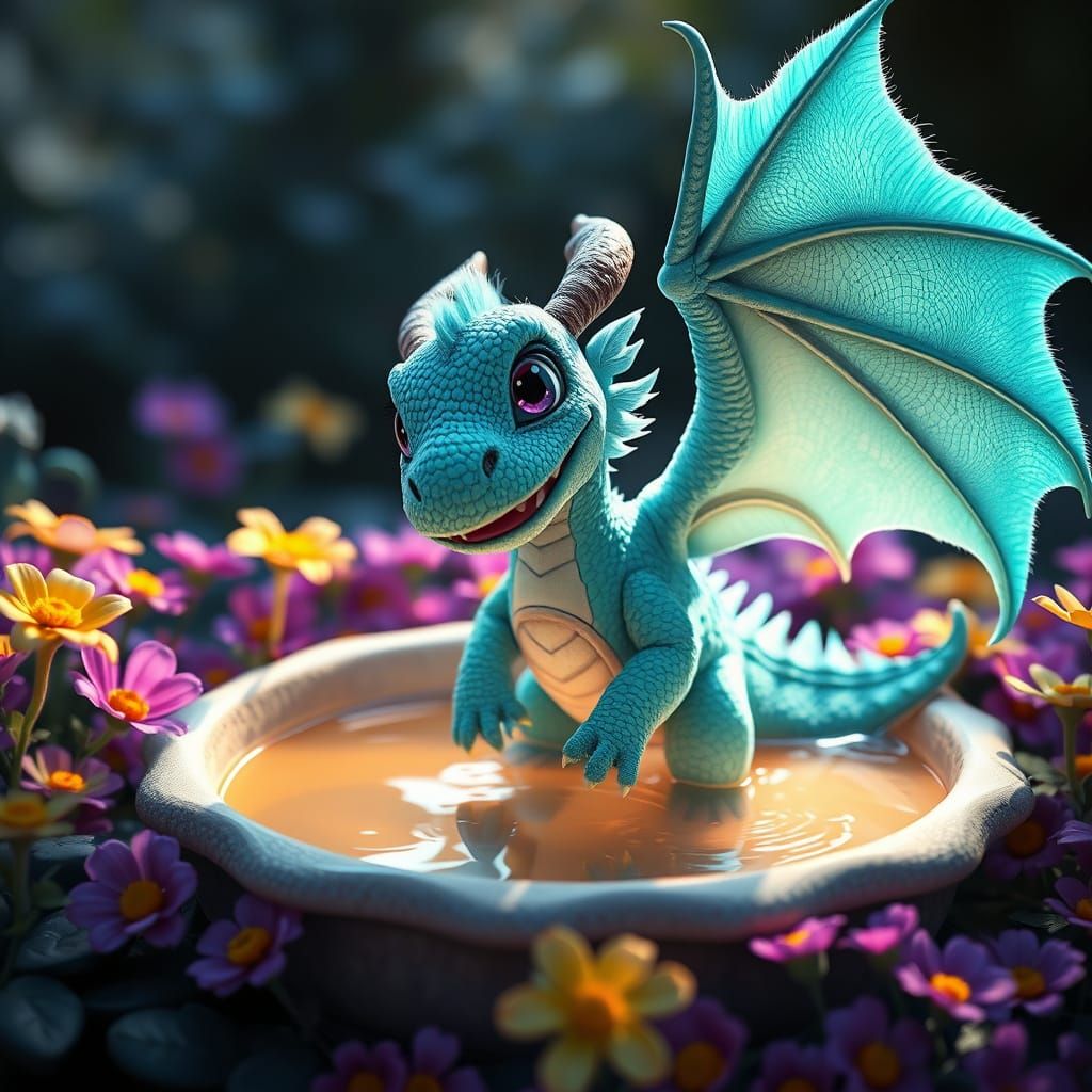 Turquoise Dragon in Fantasy Garden, Hyperdetailed