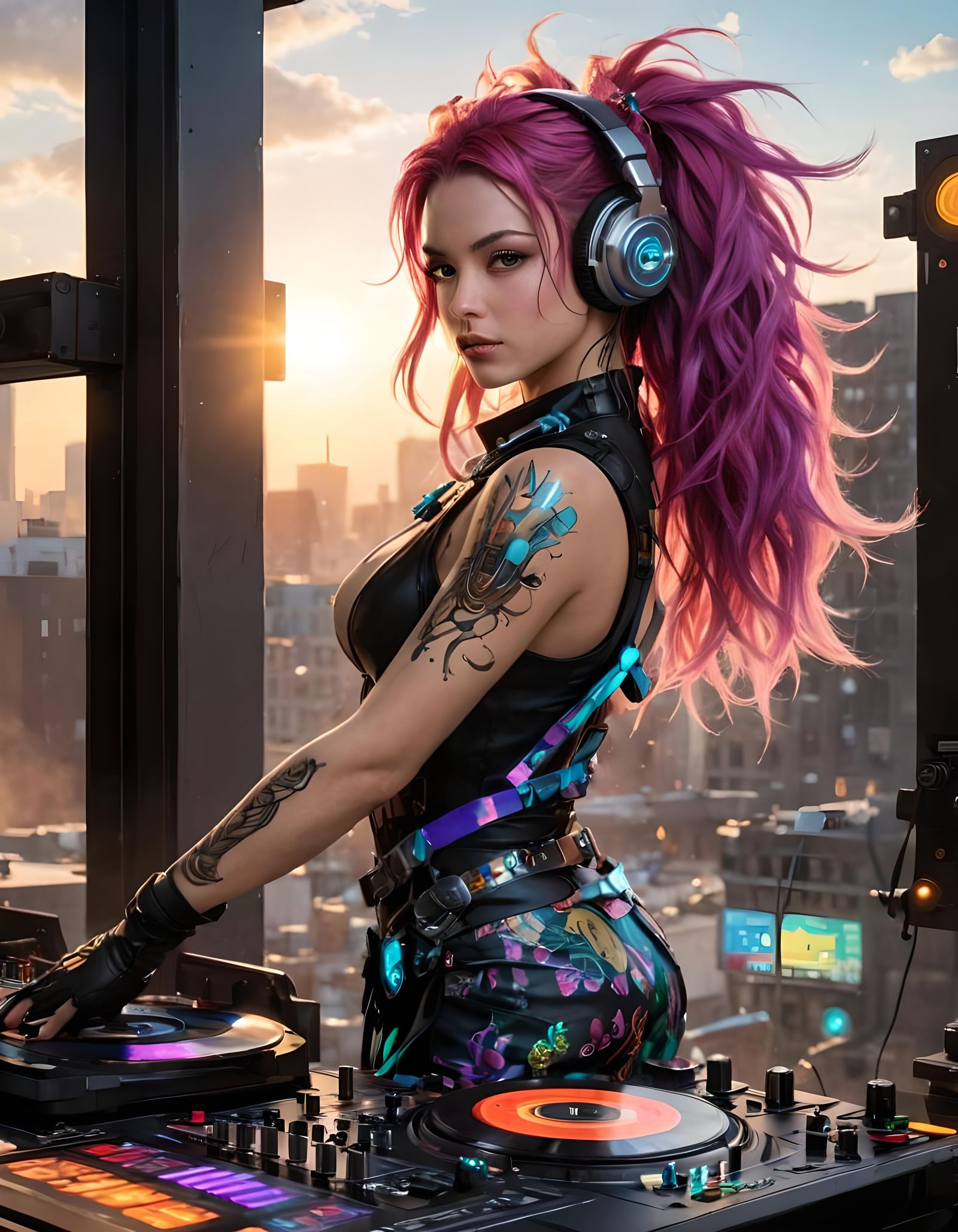 Cyberpunk DJ Portrait in Synthwave Style