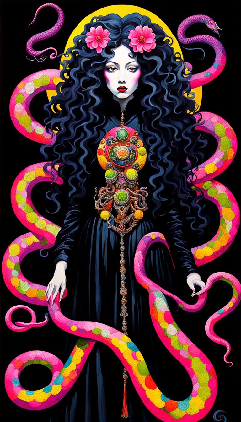 Gothic Medusa with Neon Snakes in Impressionist Style