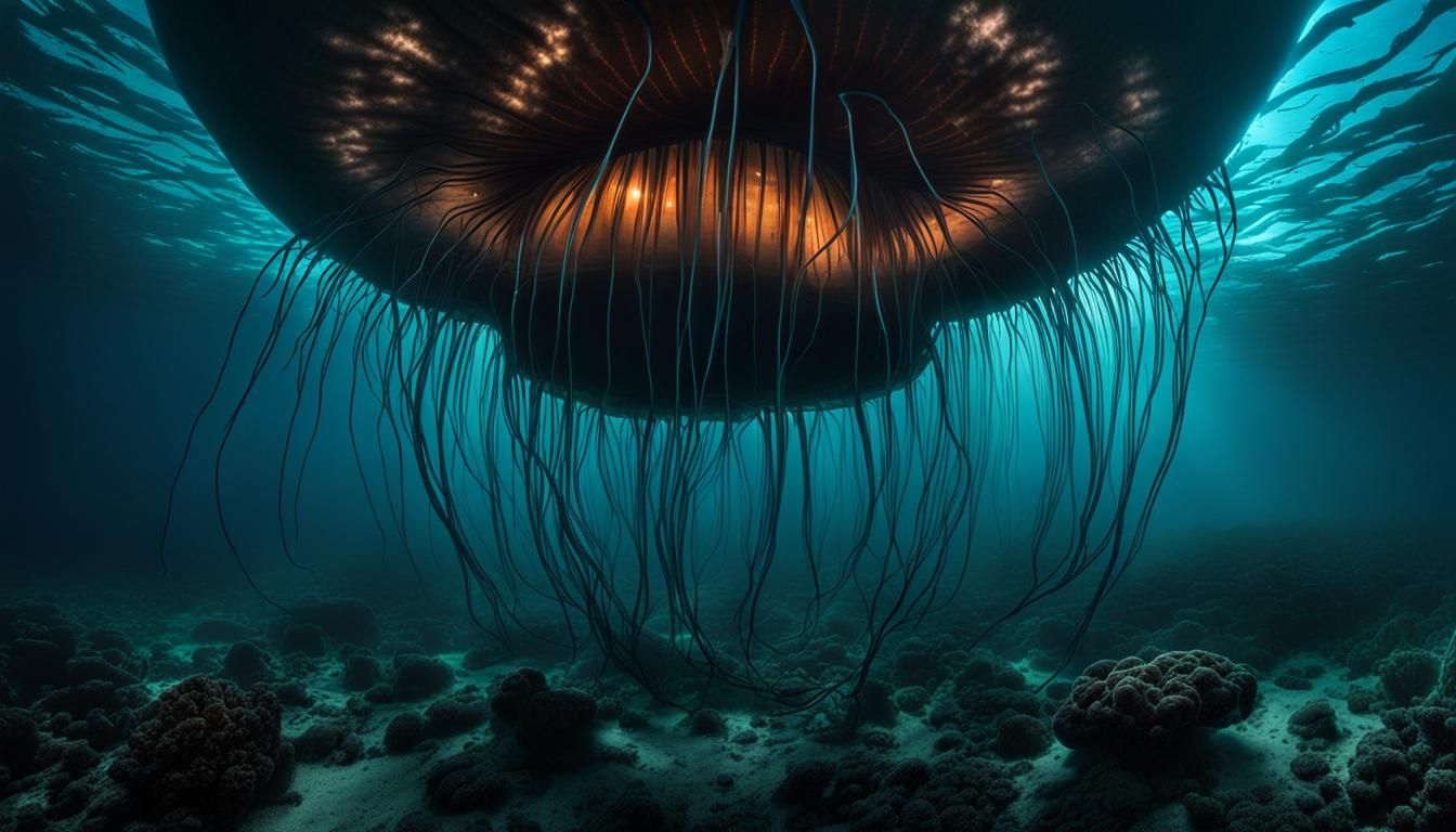 Bioluminescent Jellyfish in Deep Ocean, HDR