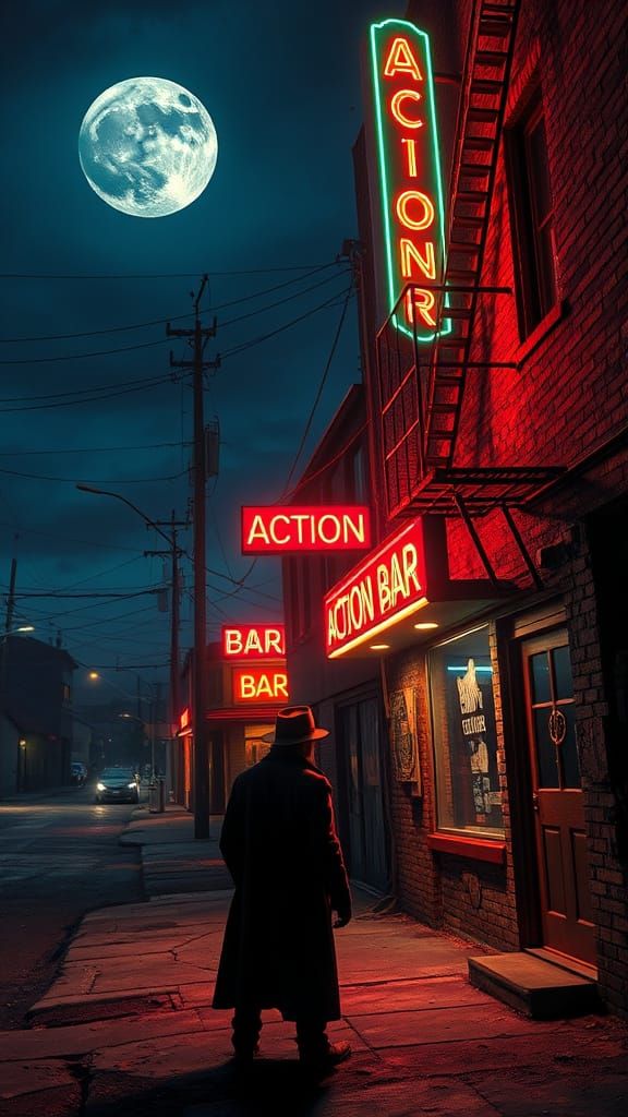 Mysterious Figure Watches Small Town Bar at Night in High-Co...