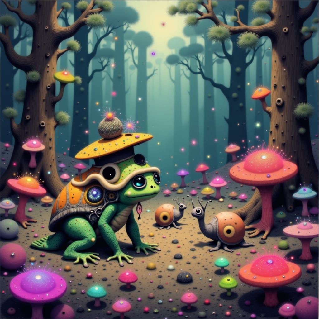 Frog-Tortoise Coaches Snails in Whimsical Forest, Digital Pa...