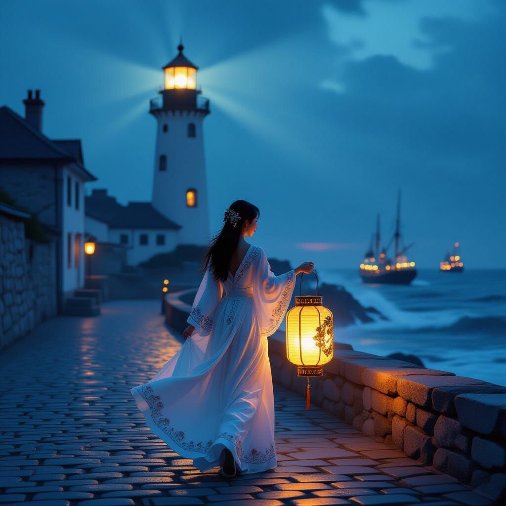 Asian Woman with Lantern in Seaside Town