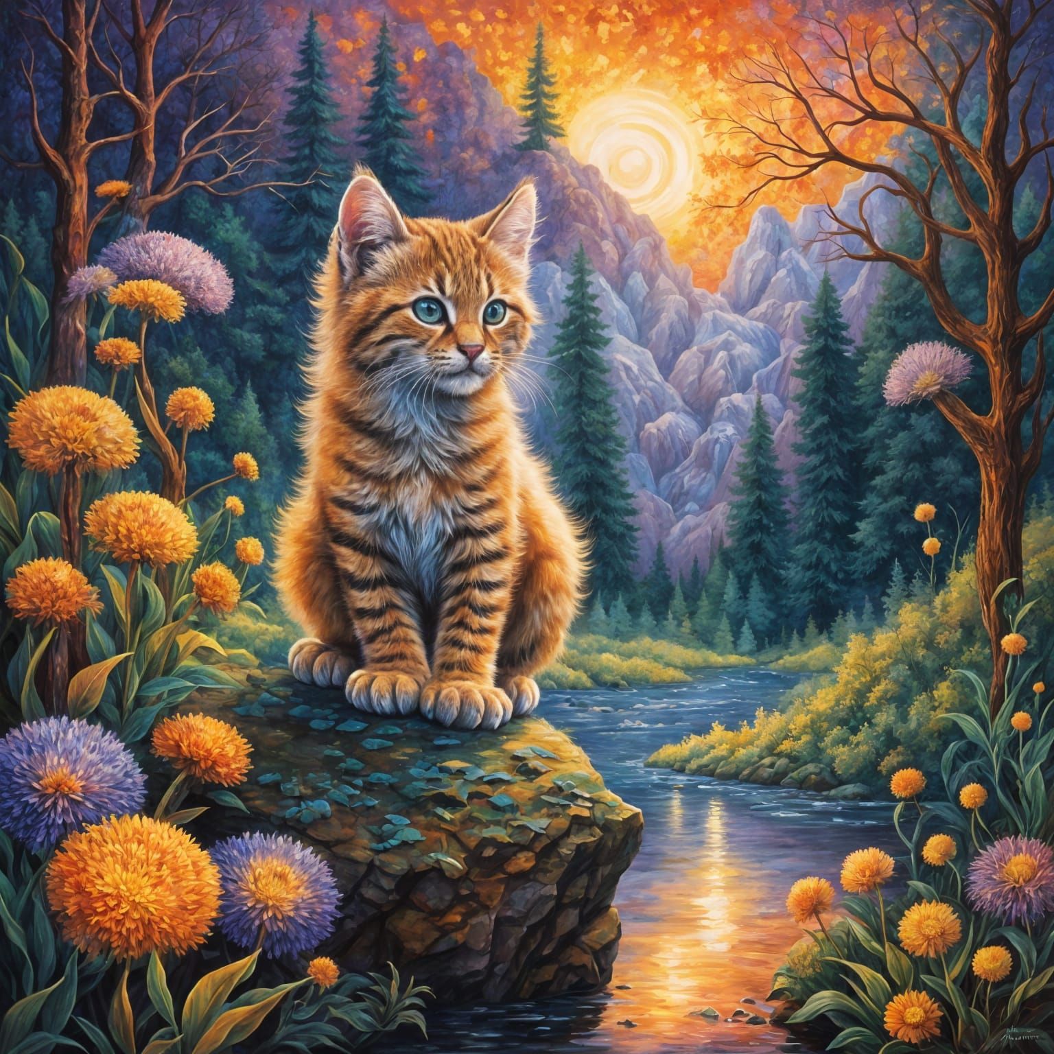 Bobcat Kitten in Mountain Valley: Oil Painting