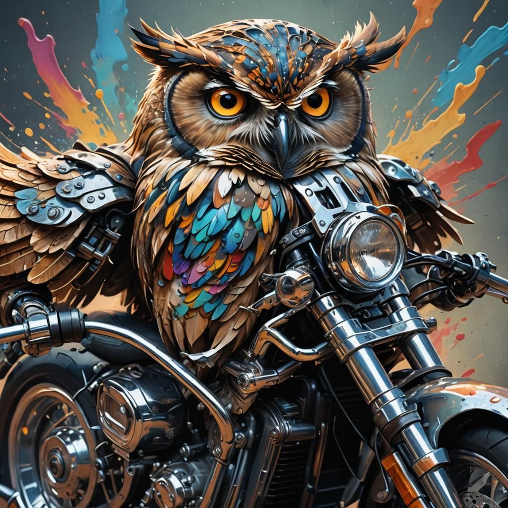 Hyperrealistic Owl on Motorcycle Splash Art
