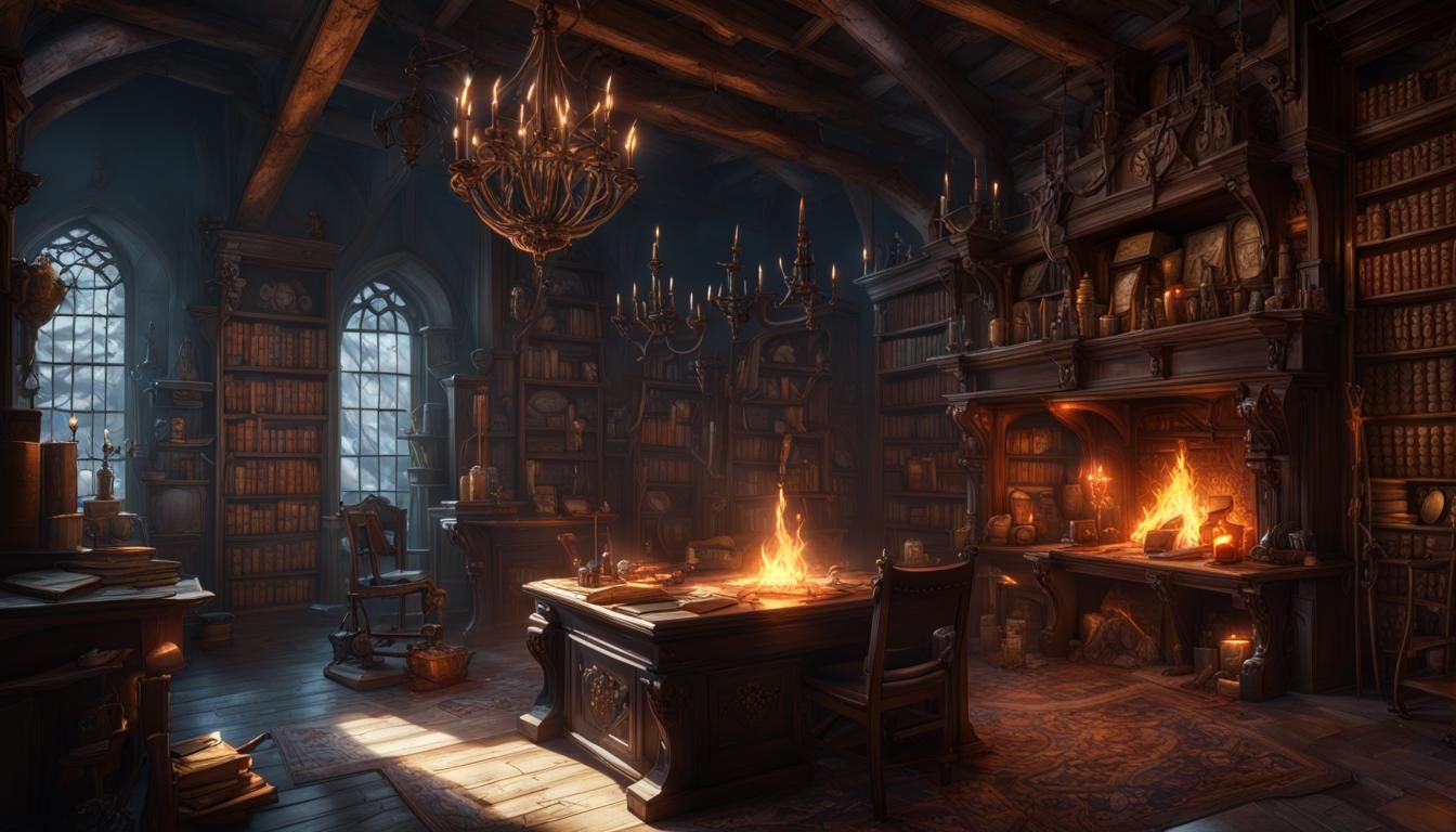 Dark Fantasy Wizard's Library with Raven and Potions