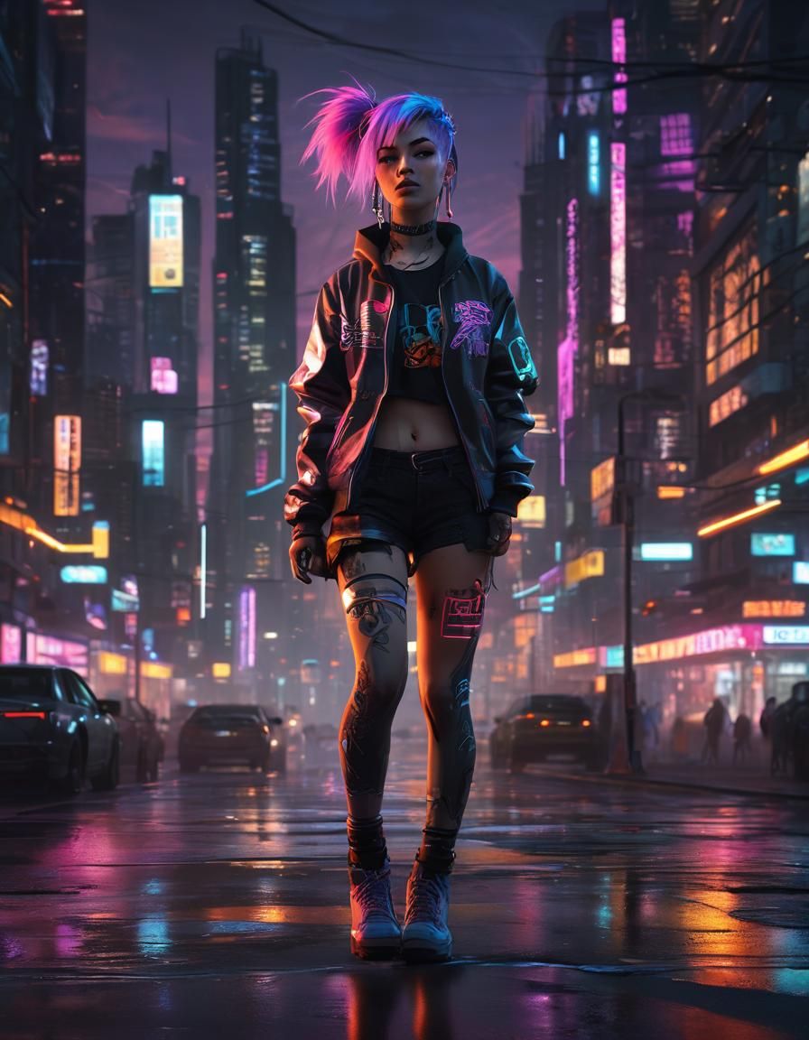Cyberpunk anime girl, rainbow hair, with tattoos on arms, anime character, detailed, vibrant, colorful, anime face, shar...