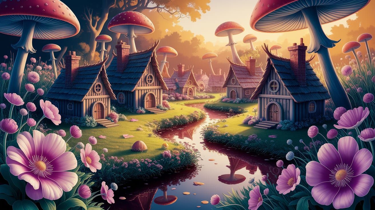 Gnome Village in Flower Garden: Alcohol Ink Illustration